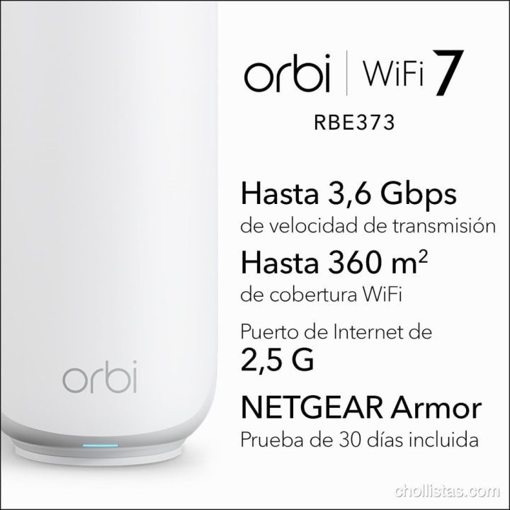 Orbi WiFi 7 RBE373: hasta 3,6 Gbps de velocidad, 360 m² de cobertura, puerto de 2,5 G y prueba de NETGEAR Armor