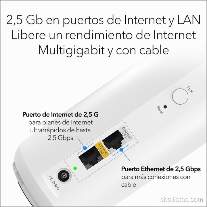Puertos traseros del Orbi 370: puerto de Internet de 2,5 G y puerto Ethernet de 2,5 Gbps para conexiones por cable