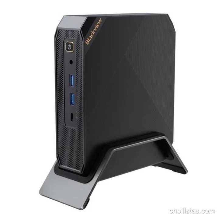 Mini PC Blackview MP200 negro en posición vertical sobre su soporte, mostrando el botón de encendido y los puertos frontales