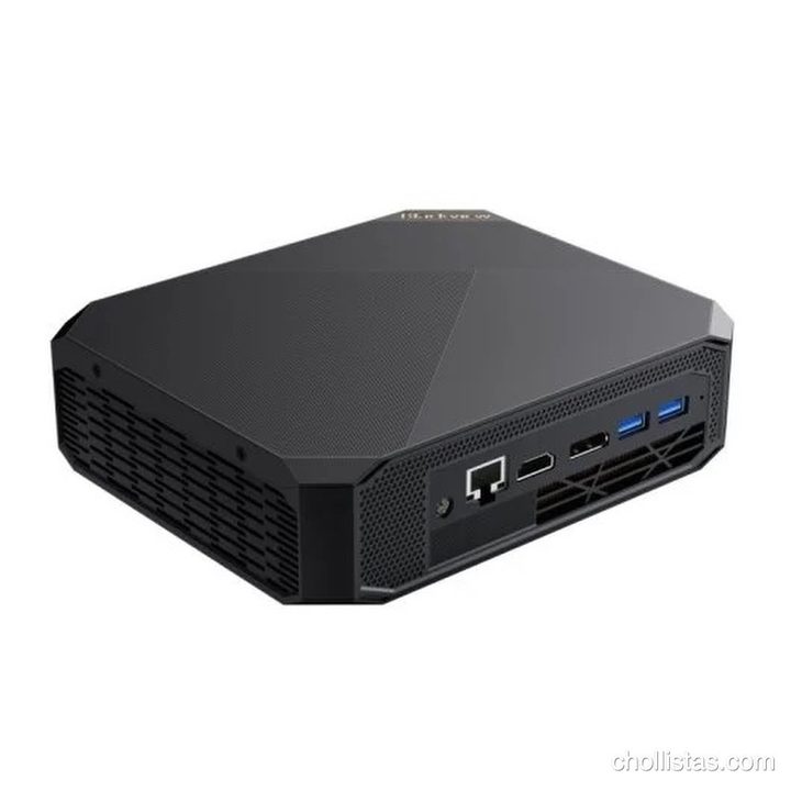 Mini PC Blackview MP200 de color negro mostrando la parte trasera con sus puertos de conexión y rejillas de ventilación