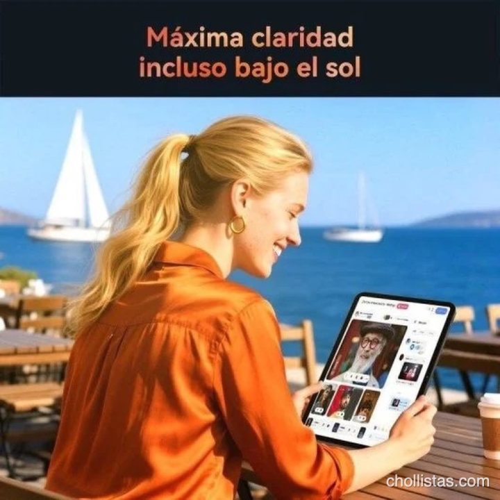 Mujer usando la tablet en una terraza soleada. Texto: Máxima claridad incluso bajo el sol
