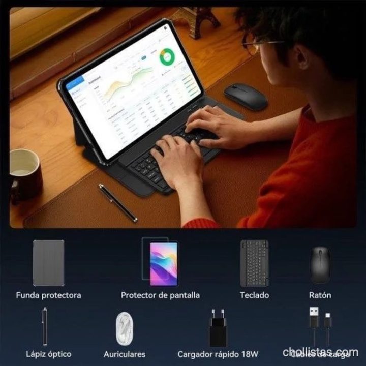 Persona usando la tablet KINGRID T60 PRO con teclado y ratón, junto a una lista de accesorios incluidos