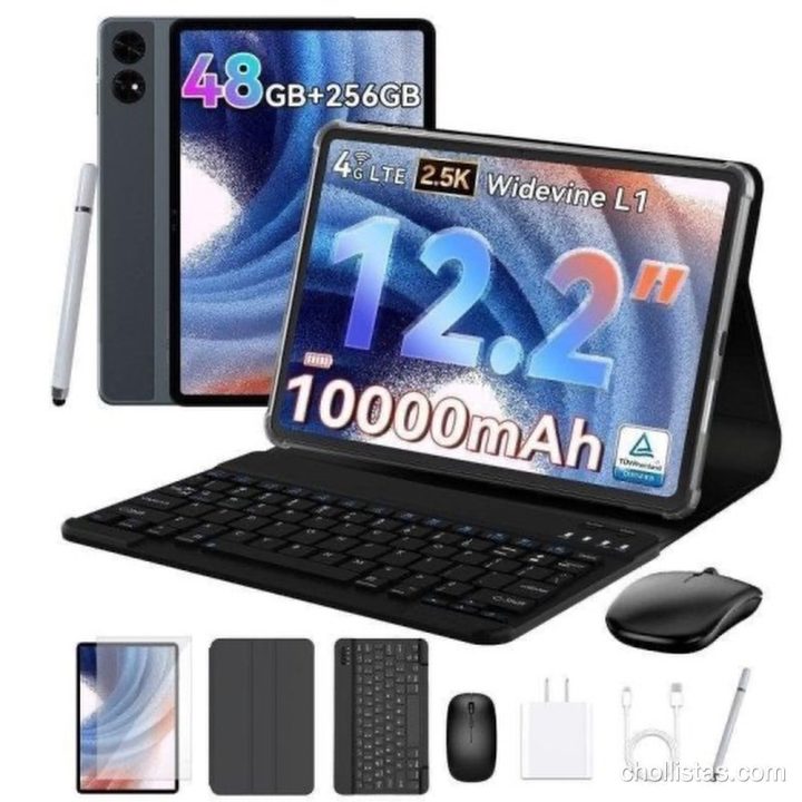 Tableta de 12.2 pulgadas con teclado, ratón y accesorios. Texto: 48GB+256GB, 4G LTE, 2.5K y 10000mAh