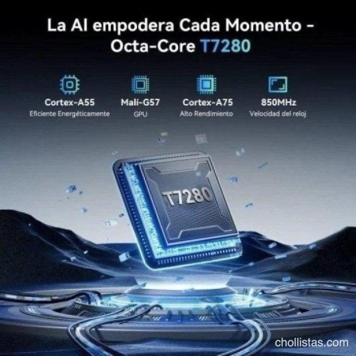 Procesador Octa-Core T7280 con núcleos Cortex-A55 y A75, GPU Mali-G57 y velocidad de reloj de 850MHz
