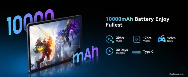 Batería de 10000 mAh: 20h de música, 17h de vídeo, 12h de juego y 30 días en espera con carga Tipo C