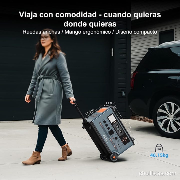 Mujer transportando la estación OSCAL como una maleta. Texto: Viaja con comodidad, ruedas anchas y mango ergonómico