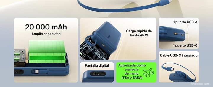 Características de la batería Belkin: 20 000 mAh, carga rápida de 45 W, puertos USB-A y USB-C, pantalla digital, cable USB-C integrado y autorizada para equipaje de mano TSA y EASA