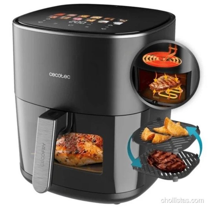 Freidora Cecotec CecofryGrill Duoheat 6500 con ventana visual, panel táctil y esquema de doble resistencia y plancha grill