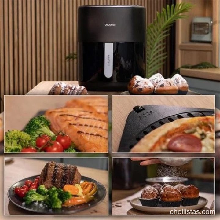 Freidora de aire Cecotec Cecofry junto a platos preparados: salmón, carne a la parrilla, pizza y magdalenas