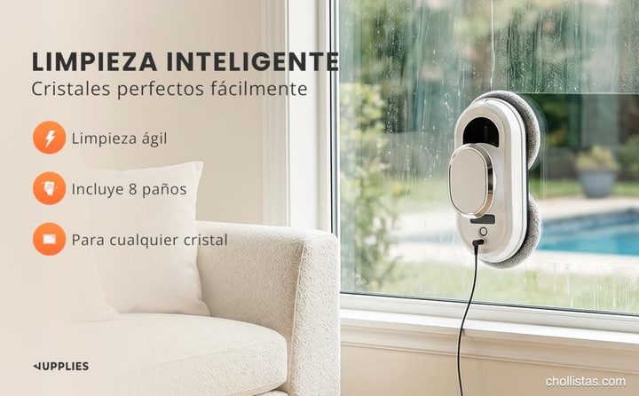 ¿El fin definitivo de limpiar cristales a mano? Ponemos a prueba el JUPPLIES Robot Limpiacristales Eléctrico 90W con Succión 5600Pa y su precio rompe esquemas 5 Robot limpiacristales JUPPLIES en una ventana con texto: Limpieza inteligente, ágil, incluye 8 paños y para cualquier cristal