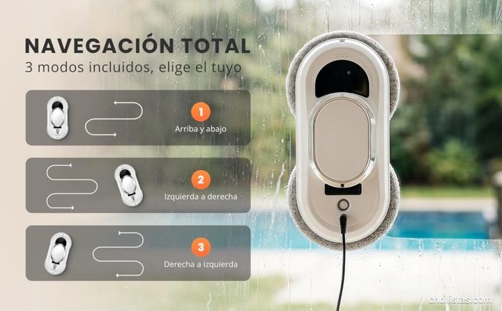 ¿El fin definitivo de limpiar cristales a mano? Ponemos a prueba el JUPPLIES Robot Limpiacristales Eléctrico 90W con Succión 5600Pa y su precio rompe esquemas 3 Robot limpiacristales adherido a un cristal y esquema con sus 3 modos de navegación automática