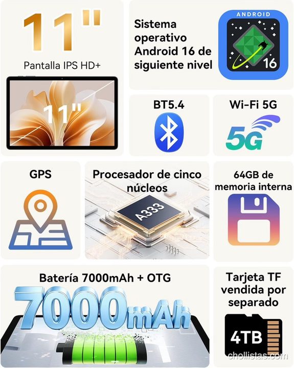 Infografía con especificaciones de la tablet: pantalla de 11", Android 16, Wi-Fi 5G, GPS, 64GB de memoria y batería de 7000mAh