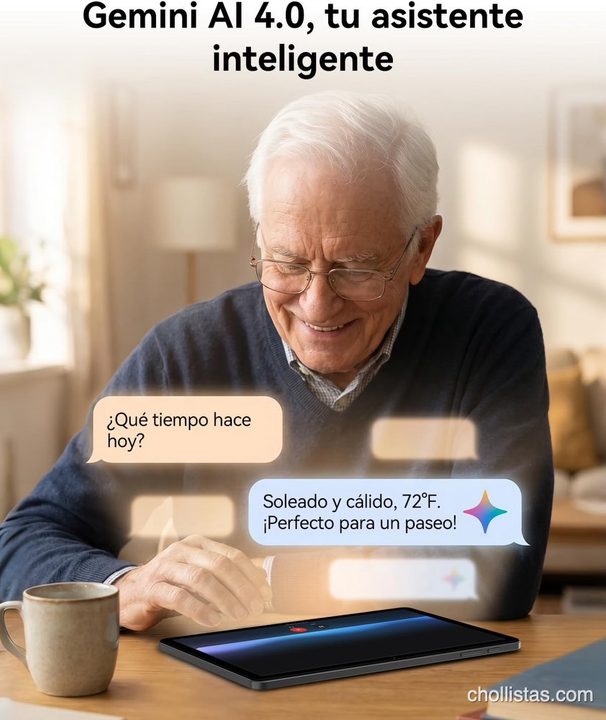 Hombre mayor usando la tablet con Gemini AI 4.0. En pantalla se lee: ¿Qué tiempo hace hoy? - Soleado y cálido, 72°F