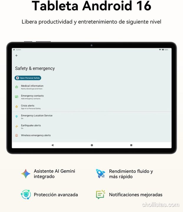 Tableta Android 16 con pantalla de ajustes de seguridad, destacando el asistente Gemini AI y protección avanzada