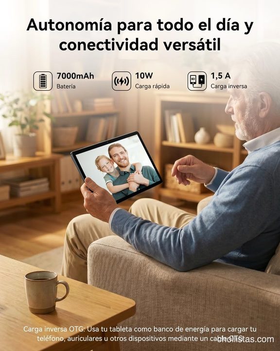 Infografía de la tablet TABWEE T30 destacando batería de 7000 mAh, carga rápida de 10 W y carga inversa de 1,5 A