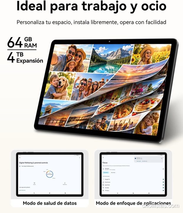 Tablet mostrando almacenamiento de 64 GB, expansión a 4 TB y las funciones Modo de salud de datos y Modo de enfoque