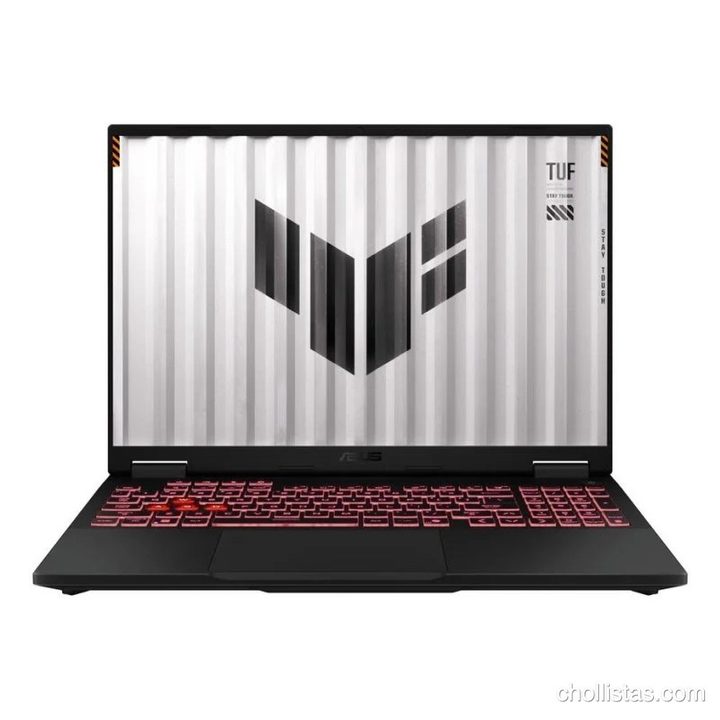 Portátil Asus TUF Gaming A16 abierto de frente con el logotipo TUF en la pantalla y teclado retroiluminado