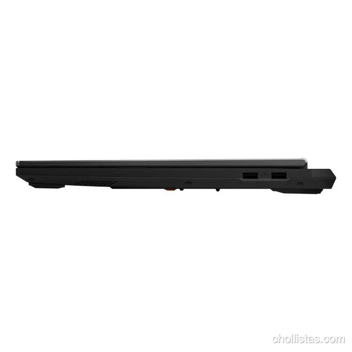 Vista lateral del portátil Asus TUF Gaming A16 mostrando su perfil y puertos de conexión