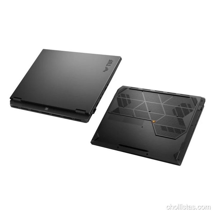 Vista superior de la tapa y vista inferior de la base con rejillas de ventilación del portátil Asus TUF Gaming A16