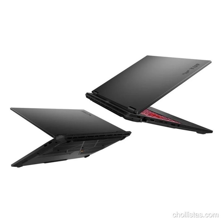 Vista superior e inferior del portátil Asus TUF Gaming A16 mostrando sus puertos laterales y rejillas de ventilación