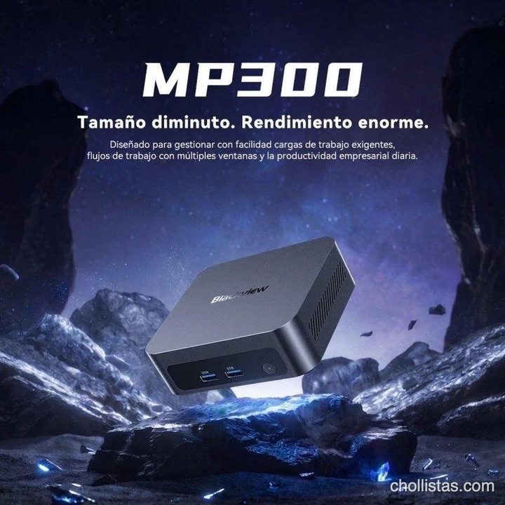 ¿Quién necesita una torre gigante? Probamos a fondo el Mini PC Blackview MP300: un monstruo con Intel Core 5 que humilla a sus rivales por solo 468 euros 2 Mini PC Blackview MP300 negro con el lema «Tamaño diminuto. Rendimiento enorme.»