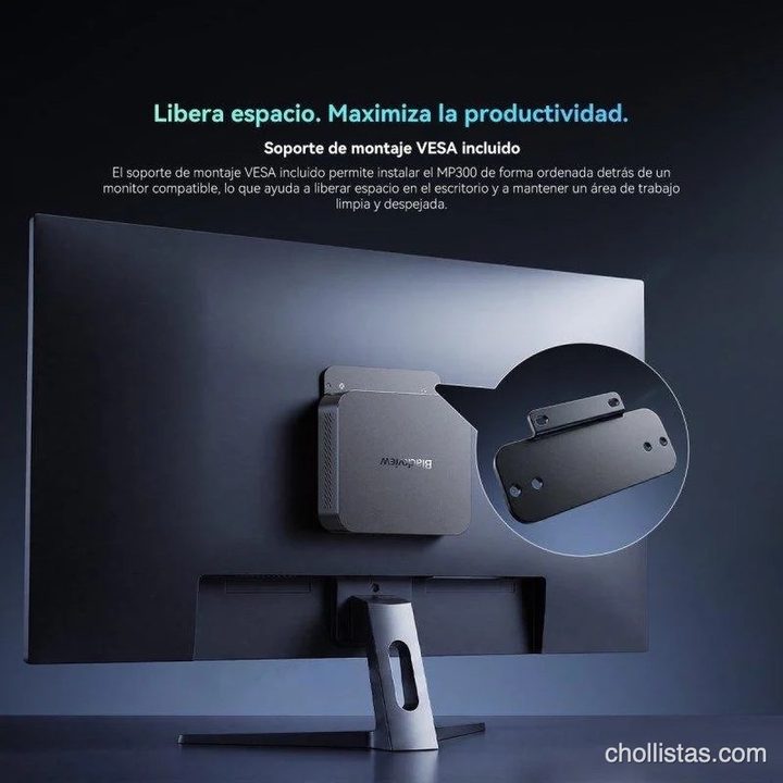 ¿Quién necesita una torre gigante? Probamos a fondo el Mini PC Blackview MP300: un monstruo con Intel Core 5 que humilla a sus rivales por solo 468 euros 5 Mini PC Blackview MP300 montado detrás de un monitor con el soporte VESA incluido para ahorrar espacio