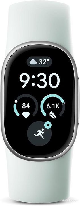 Pulsera Google Fitbit Edge con correa verde claro y pantalla que muestra la hora, frecuencia cardiaca y pasos