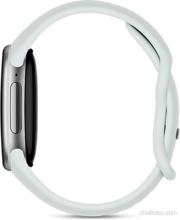 Pulsera de actividad Google Fitbit Edge blanca, mostrada de perfil con pantalla negra y carcasa plateada