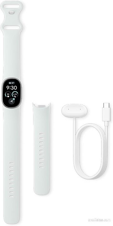 Pulsera Google Fitbit Edge blanca con pantalla ovalada, correa desmontada y cargador USB