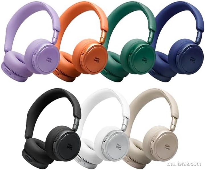 Auriculares JBL Live 680NC mostrados en siete colores: morado, naranja, verde, azul, negro, blanco y beige