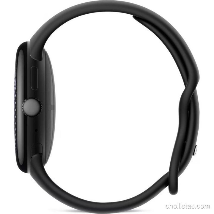 Perfil lateral del Google Pixel Watch negro con pantalla curva, corona giratoria y correa deportiva