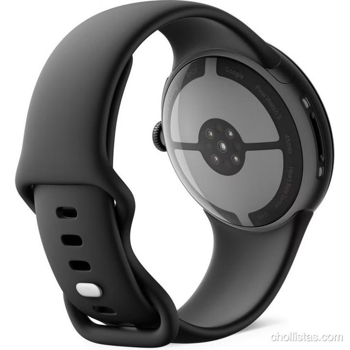 Parte posterior del Google Pixel Watch 5 negro con su conjunto de sensores de salud y correa deportiva