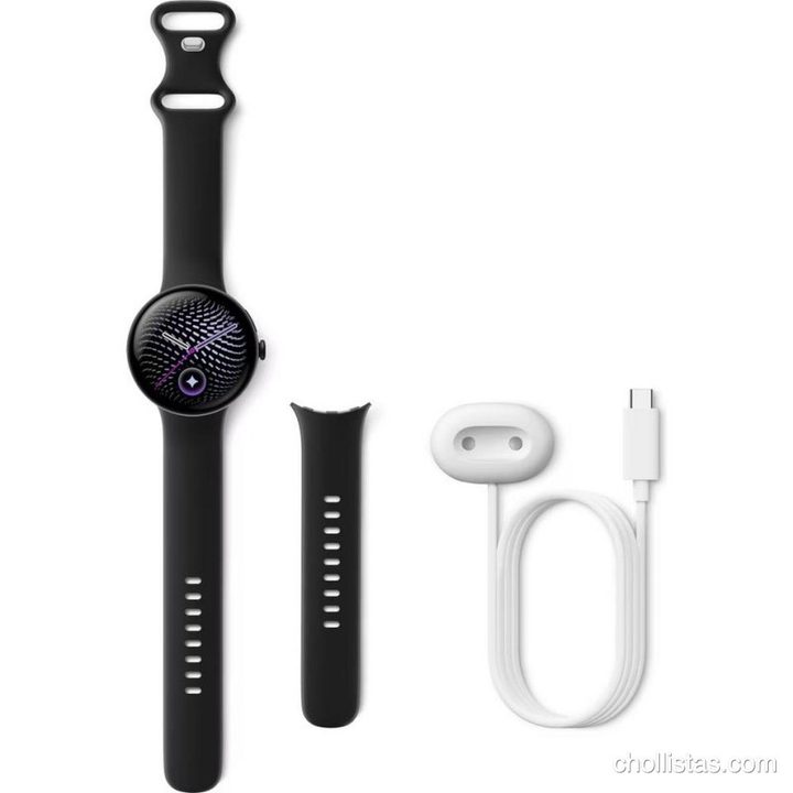 Google Pixel Watch negro con correa deportiva, correa adicional y cargador magnético blanco